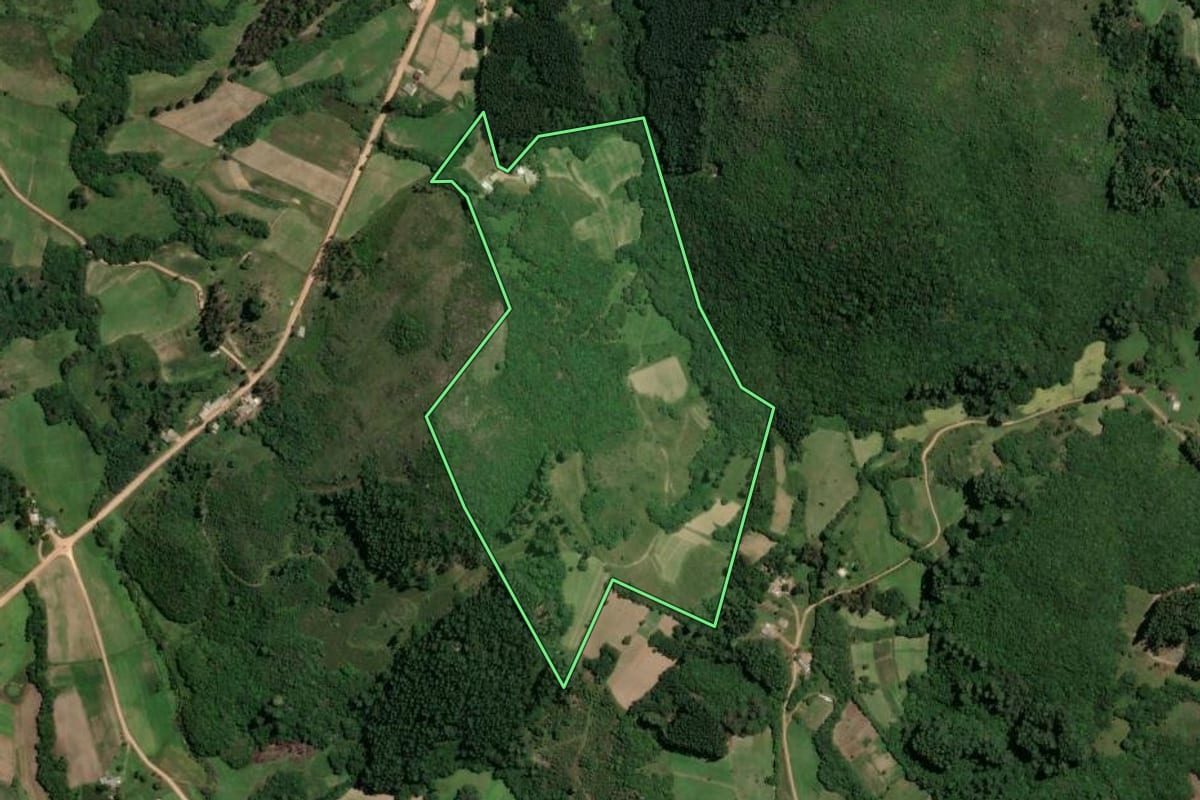 Imagem de satélite do imóvel rural em São Jerônimo (RS), com o contorno declarado no CAR desenhado por cima.