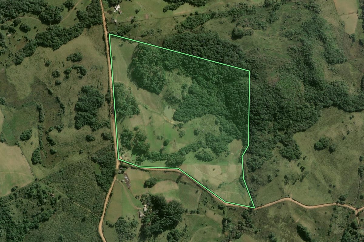 Imagem de satélite do imóvel rural em São Jerônimo (RS), com o contorno declarado no CAR desenhado por cima.