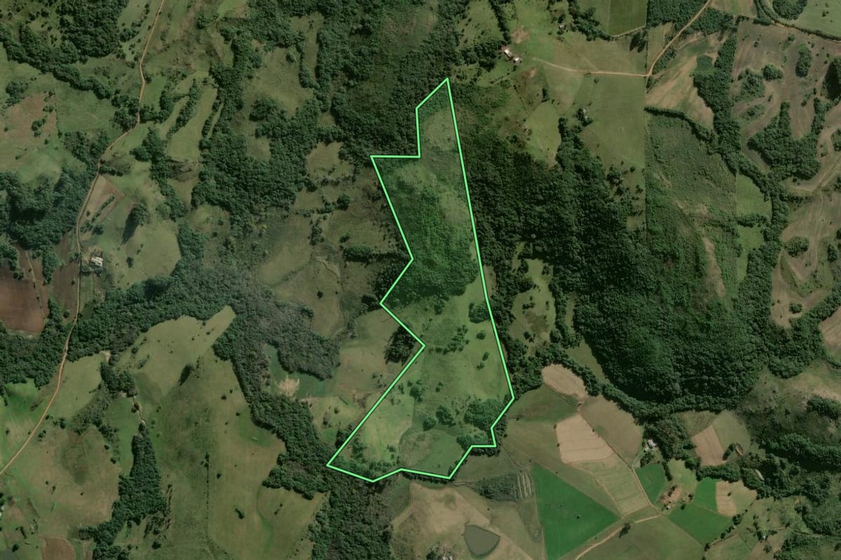 Imagem de satélite do imóvel rural em São Jerônimo (RS), com o contorno declarado no CAR desenhado por cima.