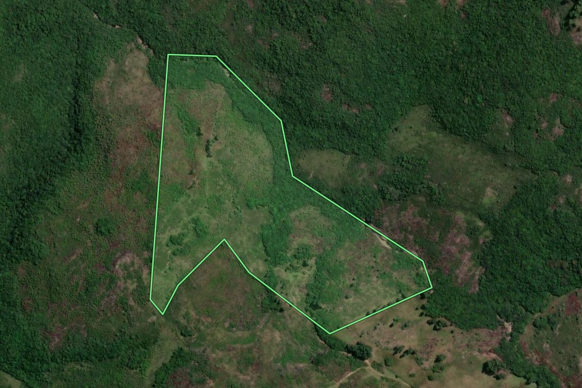 Imagem de satélite do imóvel rural em São Jerônimo (RS), com o contorno declarado no CAR desenhado por cima.