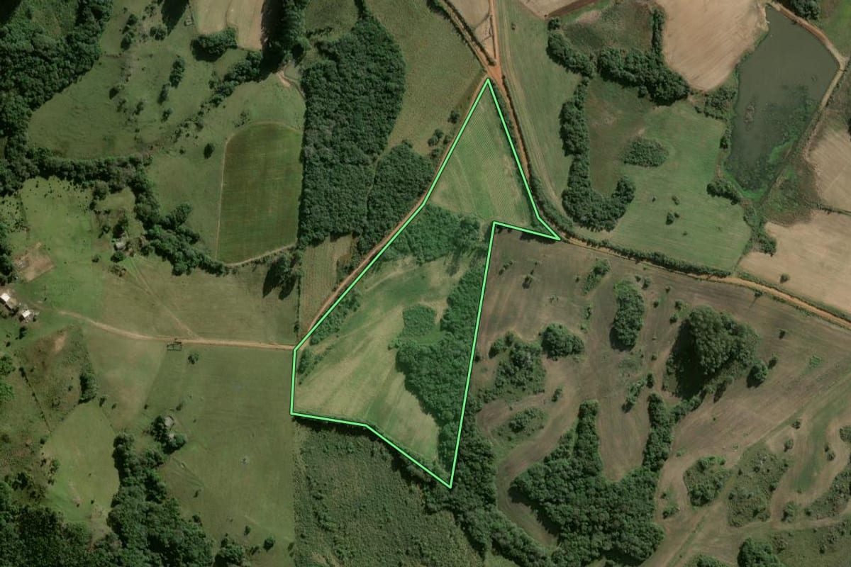Imagem de satélite do imóvel rural em São Jerônimo (RS), com o contorno declarado no CAR desenhado por cima.