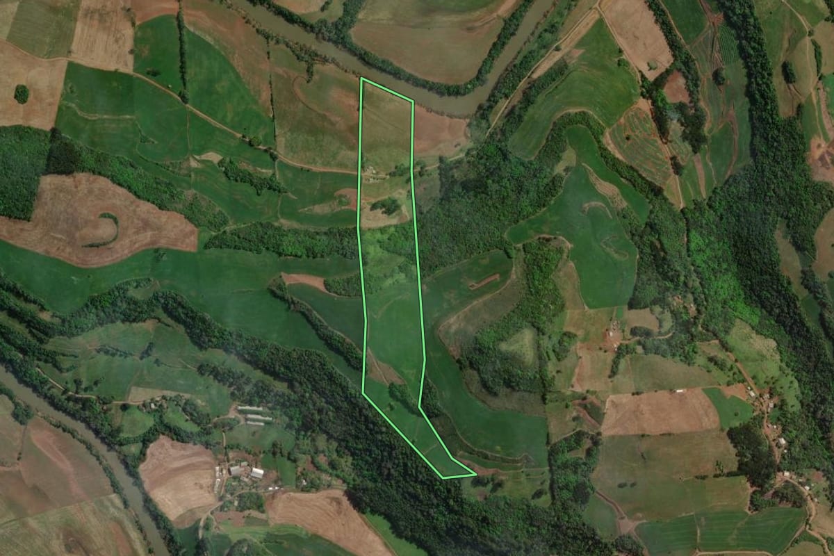 Imagem de satélite do imóvel rural em São João da Urtiga (RS), com o contorno declarado no CAR desenhado por cima.