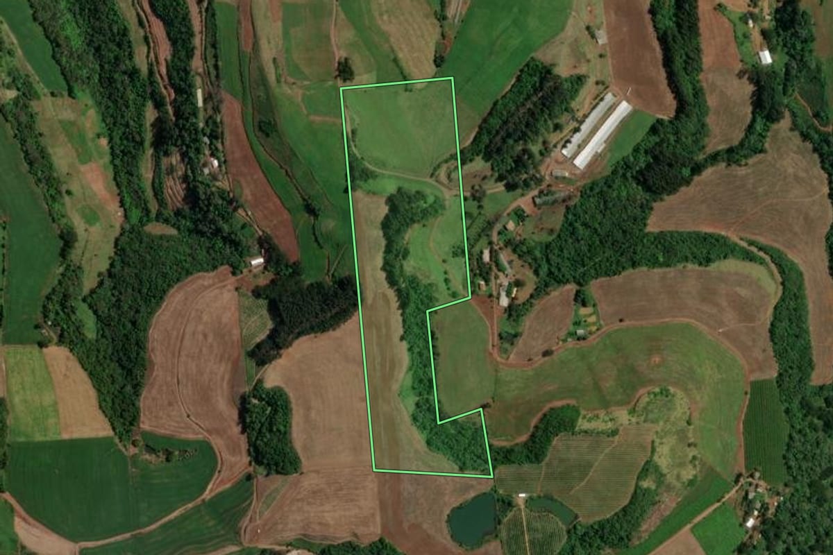 Imagem de satélite do imóvel rural em São João da Urtiga (RS), com o contorno declarado no CAR desenhado por cima.