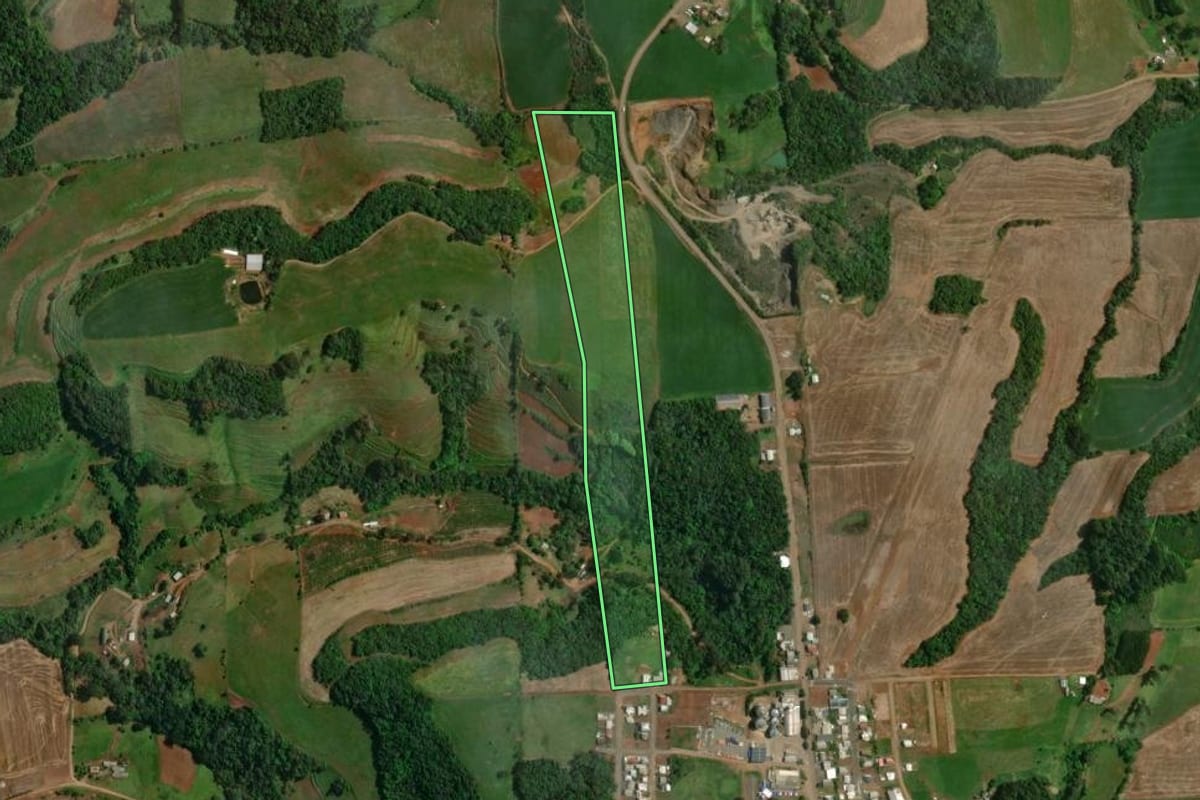 Imagem de satélite do imóvel rural em São João da Urtiga (RS), com o contorno declarado no CAR desenhado por cima.