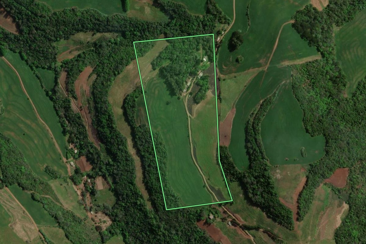 Imagem de satélite do imóvel rural em São João da Urtiga (RS), com o contorno declarado no CAR desenhado por cima.