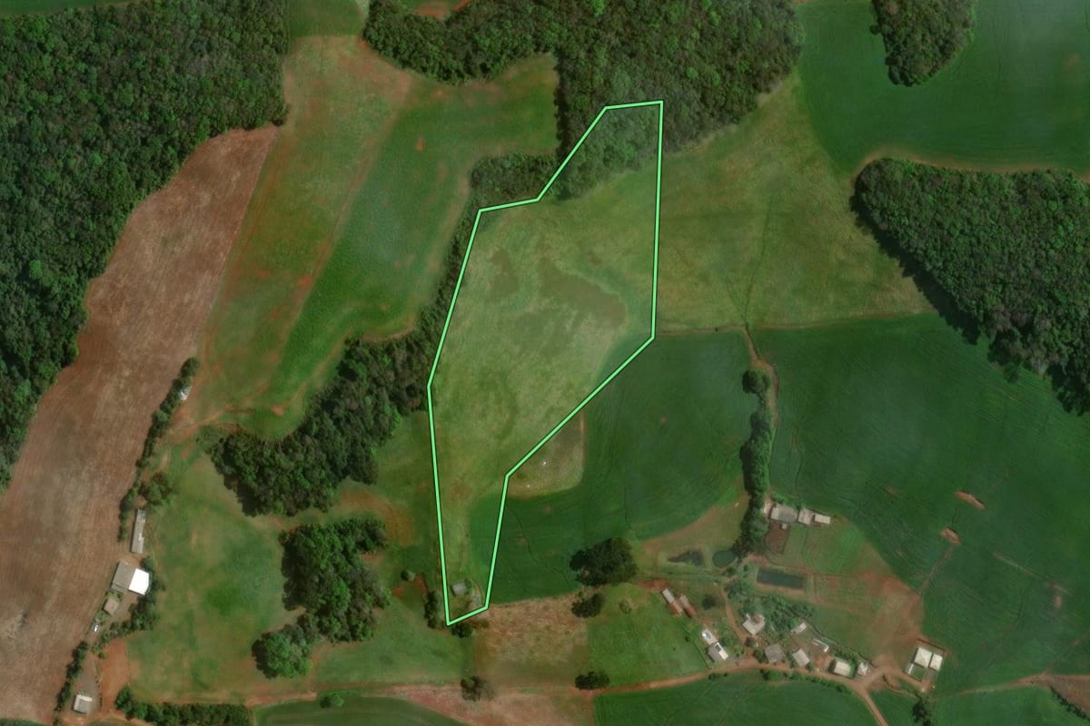 Imagem de satélite do imóvel rural em São João da Urtiga (RS), com o contorno declarado no CAR desenhado por cima.