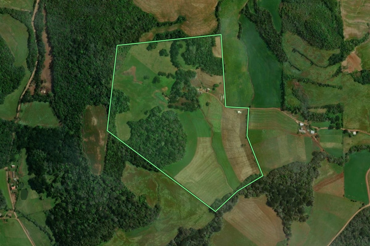 Imagem de satélite do imóvel rural em São João da Urtiga (RS), com o contorno declarado no CAR desenhado por cima.