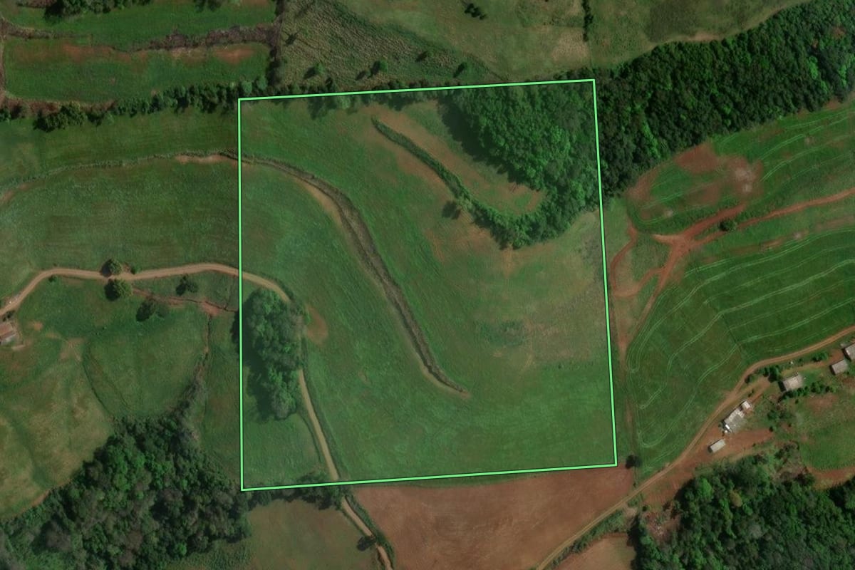 Imagem de satélite do imóvel rural em São João da Urtiga (RS), com o contorno declarado no CAR desenhado por cima.