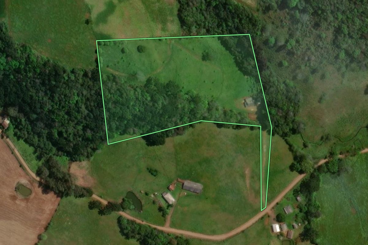 Imagem de satélite do imóvel rural em São João da Urtiga (RS), com o contorno declarado no CAR desenhado por cima.