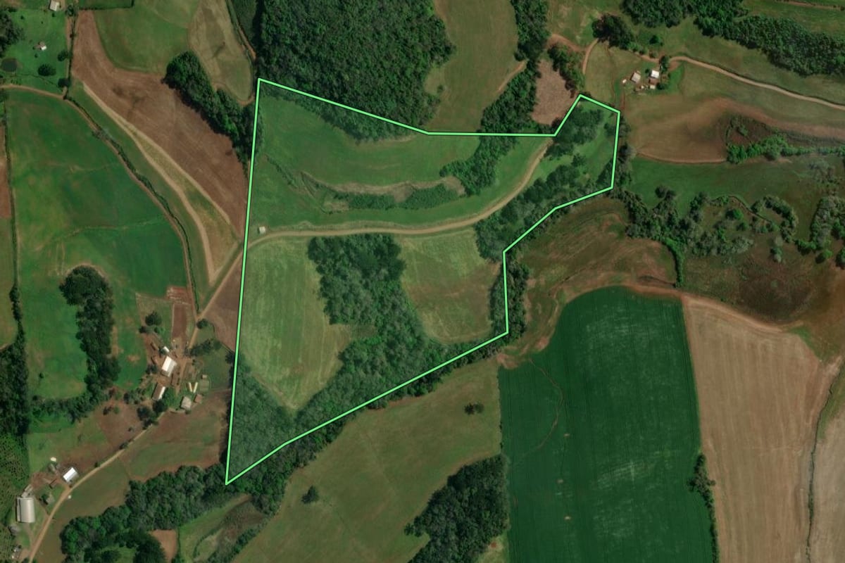 Imagem de satélite do imóvel rural em São João da Urtiga (RS), com o contorno declarado no CAR desenhado por cima.
