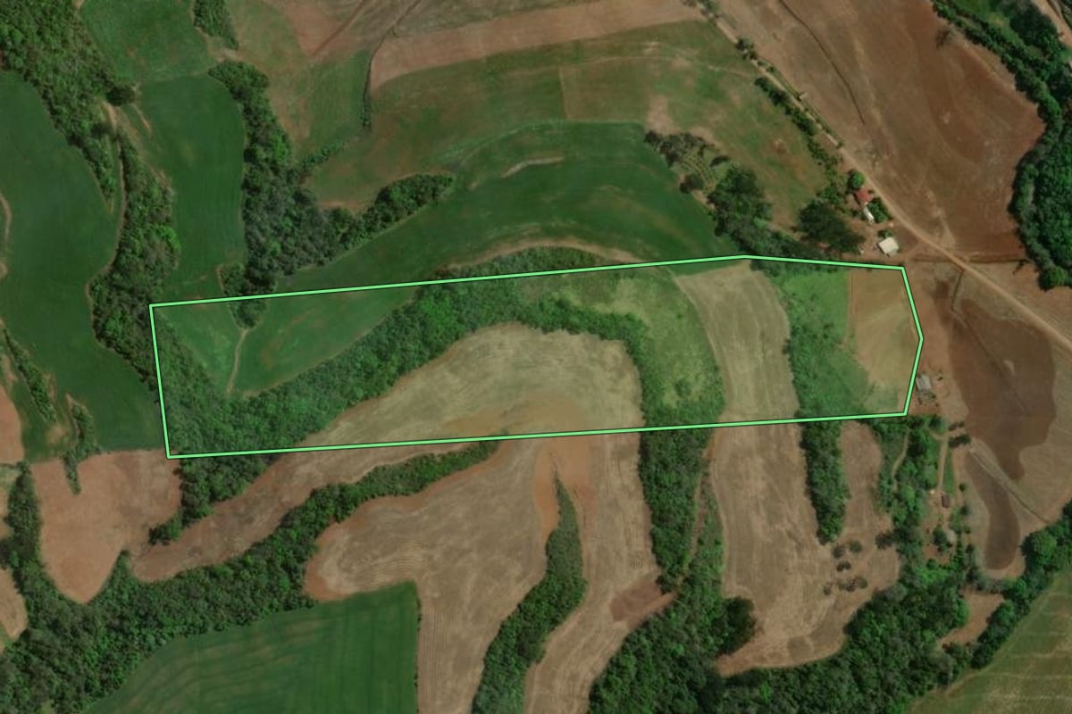 Imagem de satélite do imóvel rural em São João da Urtiga (RS), com o contorno declarado no CAR desenhado por cima.