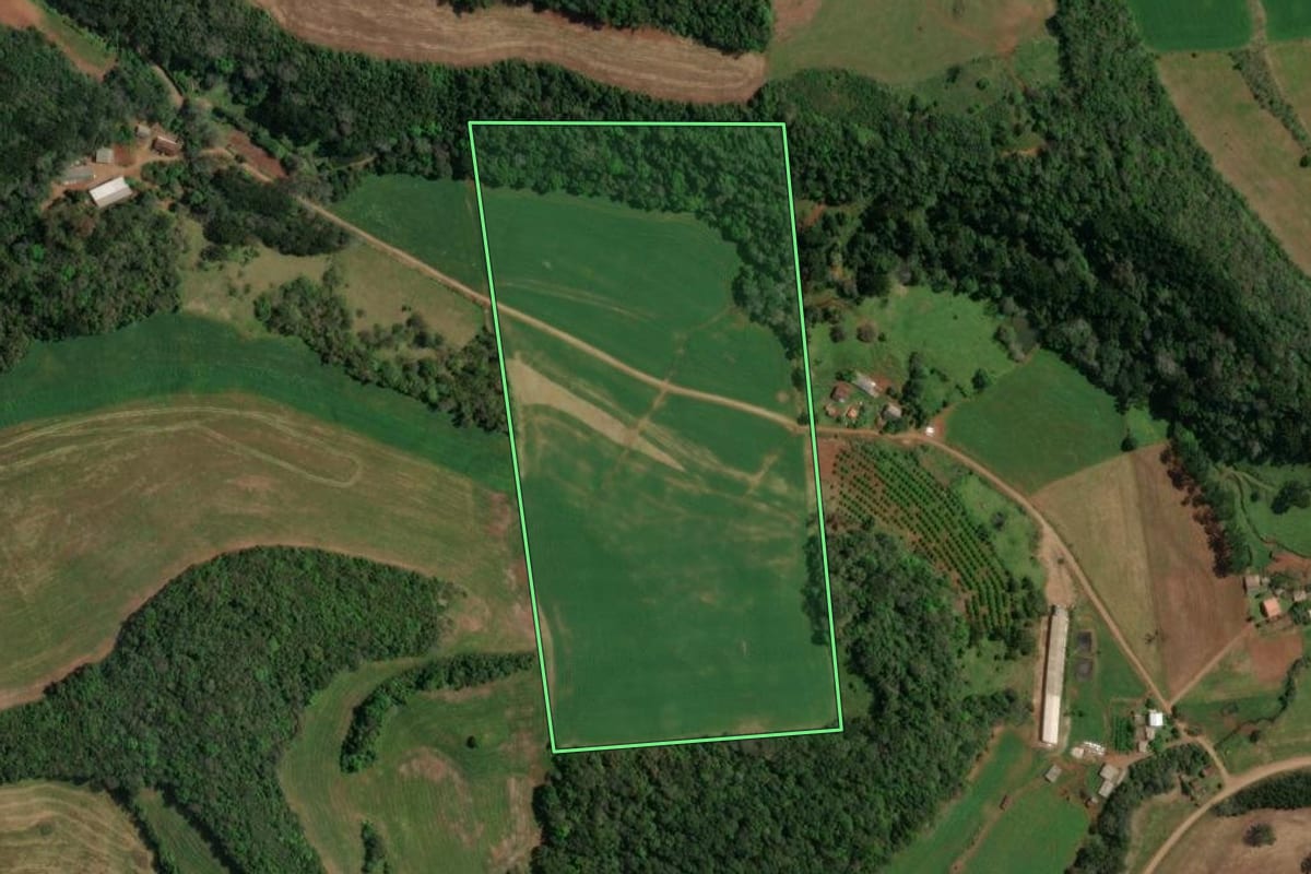Imagem de satélite do imóvel rural em São João da Urtiga (RS), com o contorno declarado no CAR desenhado por cima.