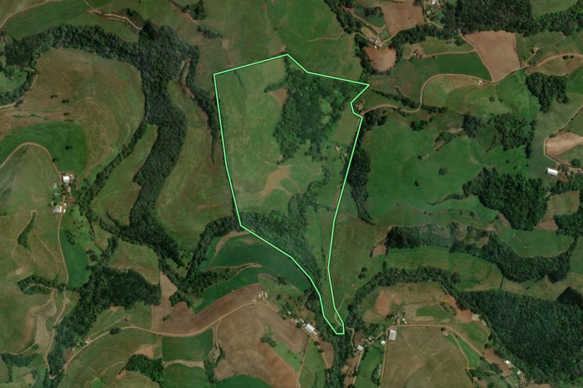 Imagem de satélite do imóvel rural em São João da Urtiga (RS), com o contorno declarado no CAR desenhado por cima.