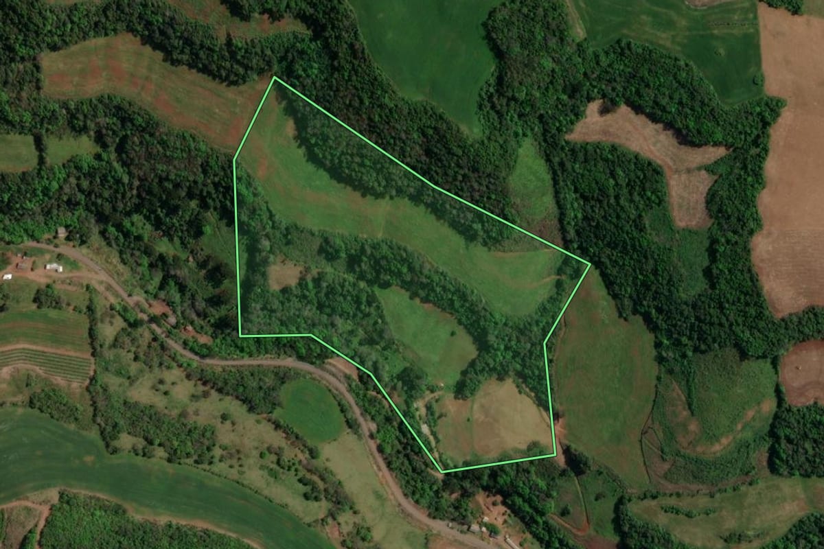 Imagem de satélite do imóvel rural em São João da Urtiga (RS), com o contorno declarado no CAR desenhado por cima.
