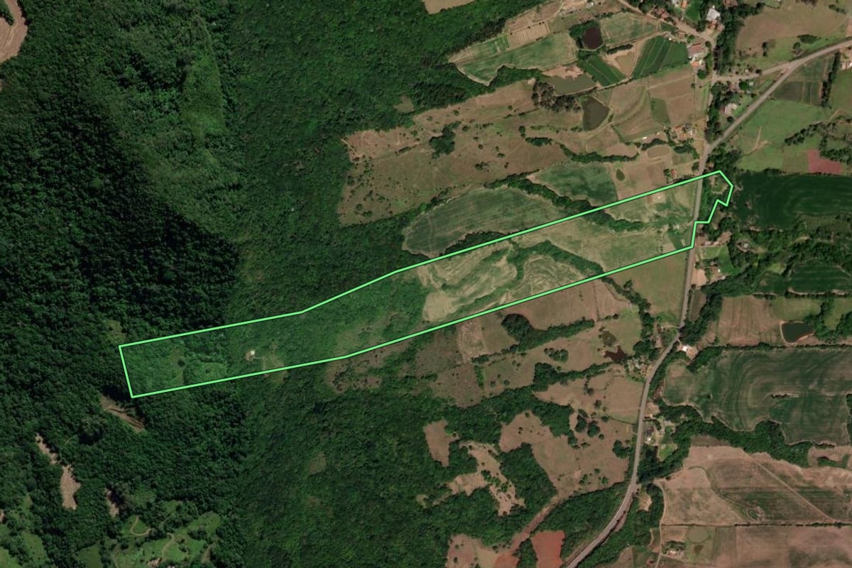 Imagem de satélite do imóvel rural em São João do Polêsine (RS), com o contorno declarado no CAR desenhado por cima.
