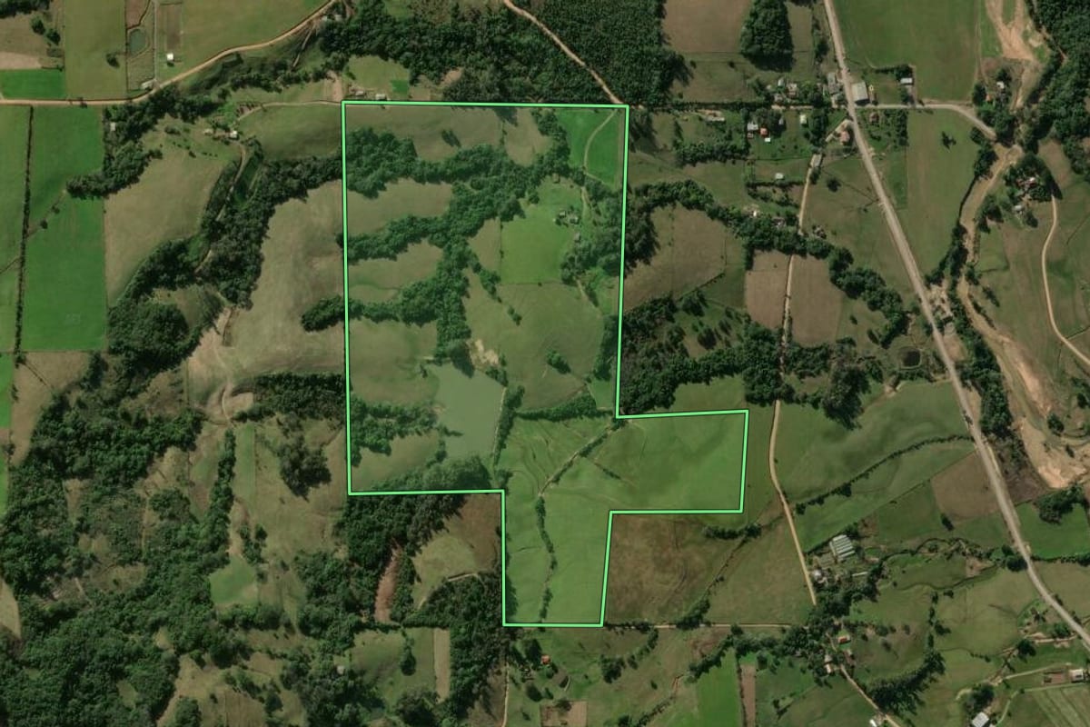 Imagem de satélite do imóvel rural em São João do Polêsine (RS), com o contorno declarado no CAR desenhado por cima.