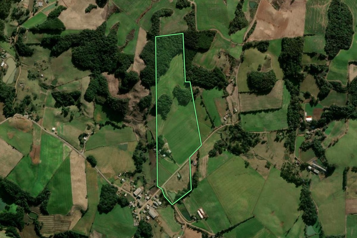 Imagem de satélite do imóvel rural em São Jorge (RS), com o contorno declarado no CAR desenhado por cima.