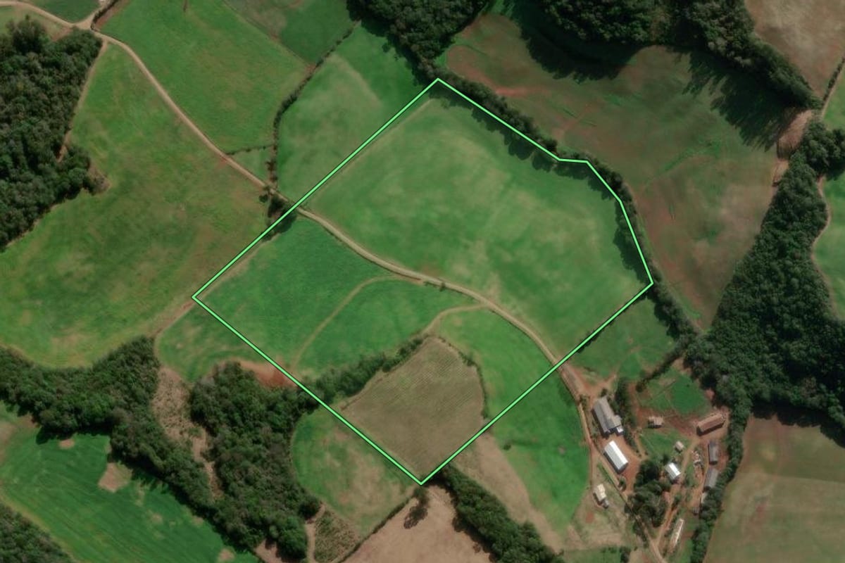 Imagem de satélite do imóvel rural em São Jorge (RS), com o contorno declarado no CAR desenhado por cima.