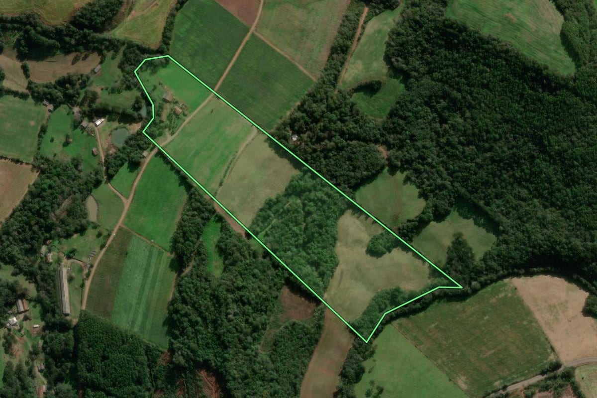 Imagem de satélite do imóvel rural em São Jorge (RS), com o contorno declarado no CAR desenhado por cima.