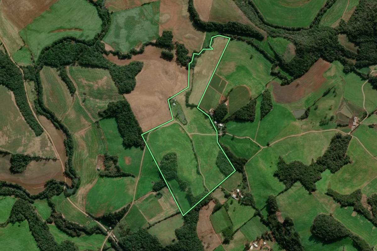 Imagem de satélite do imóvel rural em São Jorge (RS), com o contorno declarado no CAR desenhado por cima.