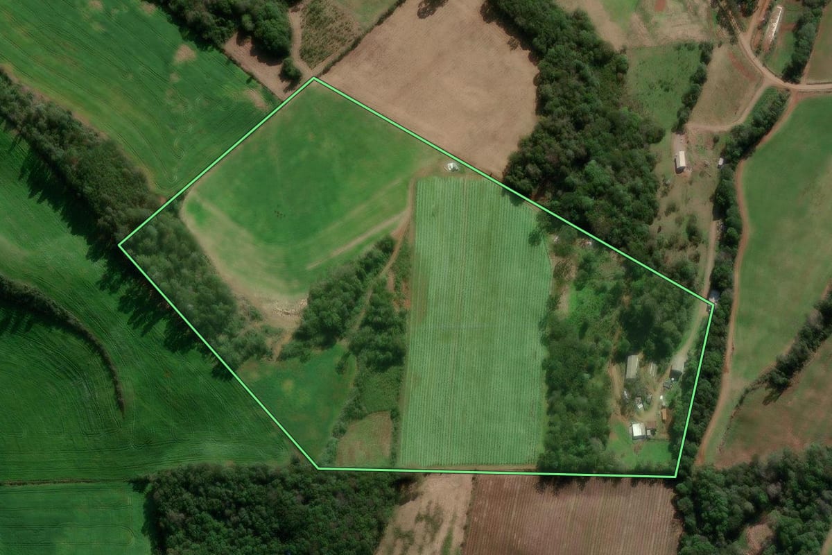 Imagem de satélite do imóvel rural em São Jorge (RS), com o contorno declarado no CAR desenhado por cima.