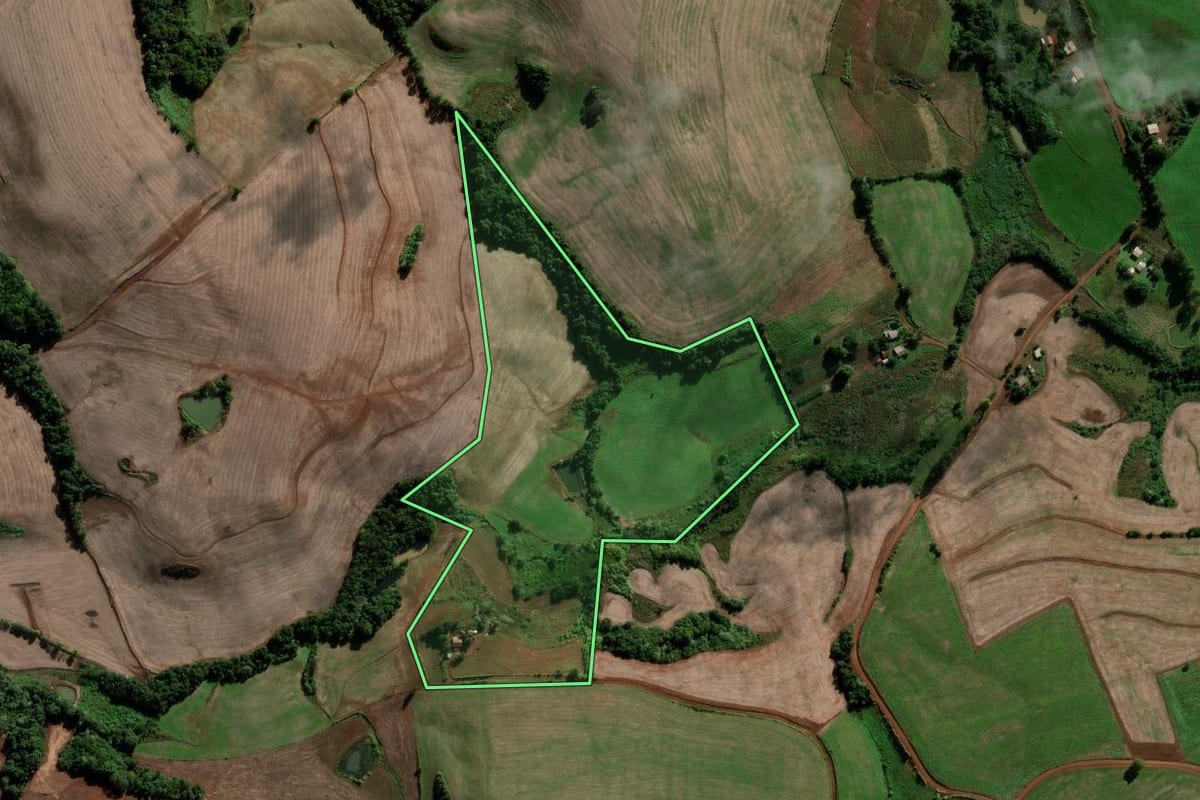 Imagem de satélite do imóvel rural em São José das Missões (RS), com o contorno declarado no CAR desenhado por cima.