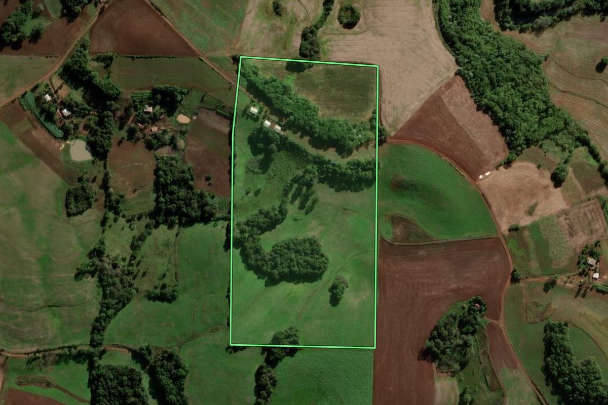 Imagem de satélite do imóvel rural em São José das Missões (RS), com o contorno declarado no CAR desenhado por cima.