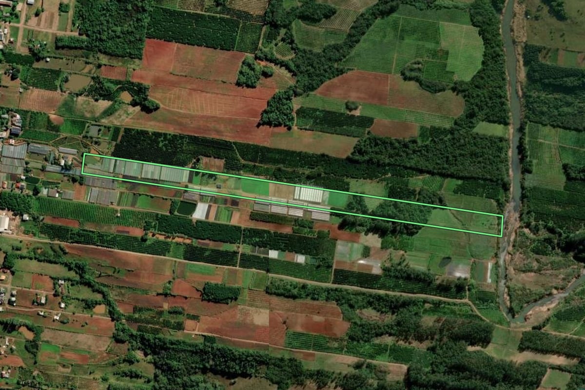 Imagem de satélite do imóvel rural em São José do Hortêncio (RS), com o contorno declarado no CAR desenhado por cima.