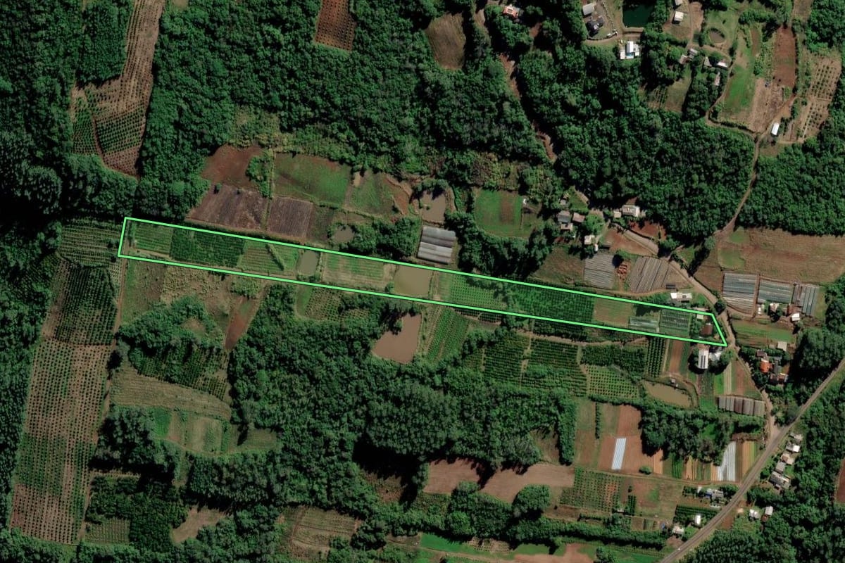 Imagem de satélite do imóvel rural em São José do Hortêncio (RS), com o contorno declarado no CAR desenhado por cima.