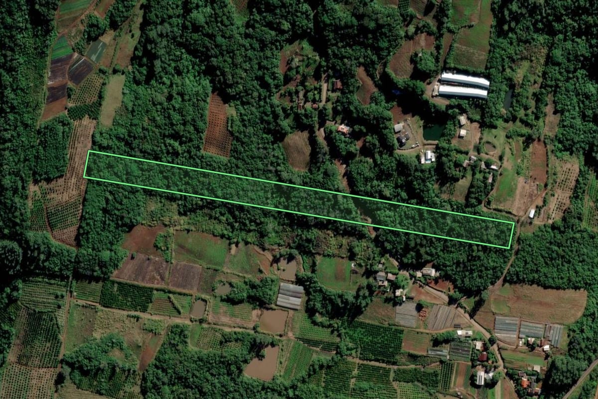Imagem de satélite do imóvel rural em São José do Hortêncio (RS), com o contorno declarado no CAR desenhado por cima.