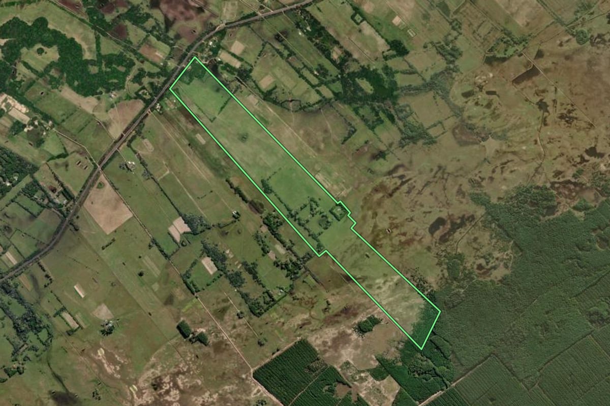 Imagem de satélite do imóvel rural em São José do Norte (RS), com o contorno declarado no CAR desenhado por cima.