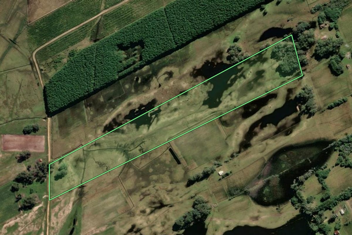 Imagem de satélite do imóvel rural em São José do Norte (RS), com o contorno declarado no CAR desenhado por cima.
