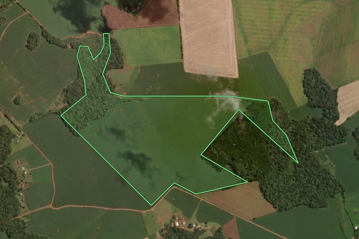 Imagem de satélite do imóvel rural em São José do Ouro (RS), com o contorno declarado no CAR desenhado por cima.