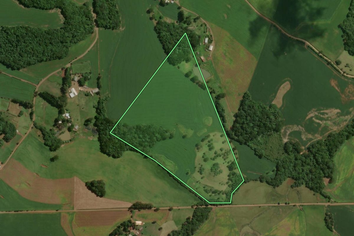 Imagem de satélite do imóvel rural em São José do Ouro (RS), com o contorno declarado no CAR desenhado por cima.