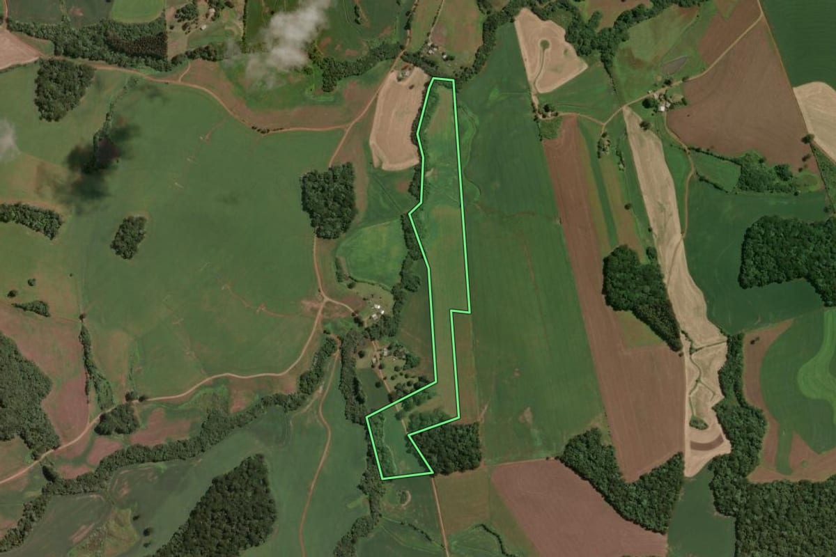 Imagem de satélite do imóvel rural em São José do Ouro (RS), com o contorno declarado no CAR desenhado por cima.