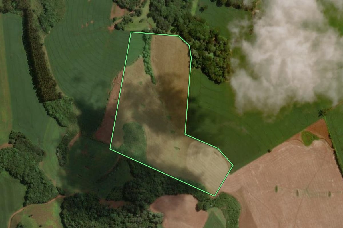 Imagem de satélite do imóvel rural em São José do Ouro (RS), com o contorno declarado no CAR desenhado por cima.