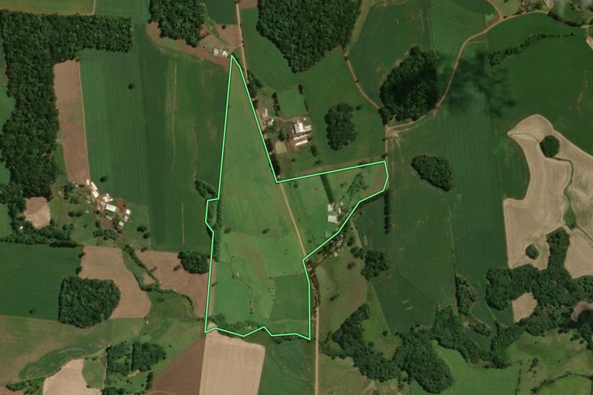 Imagem de satélite do imóvel rural em São José do Ouro (RS), com o contorno declarado no CAR desenhado por cima.