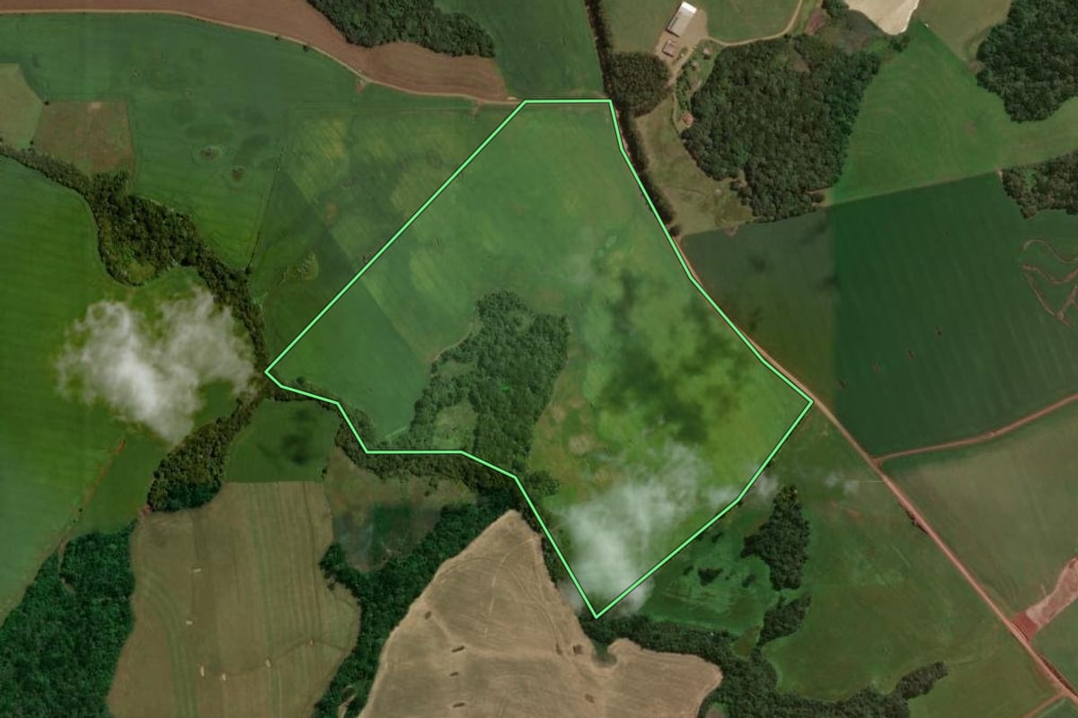 Imagem de satélite do imóvel rural em São José do Ouro (RS), com o contorno declarado no CAR desenhado por cima.