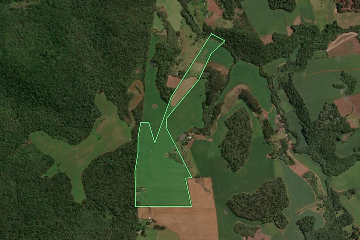Imagem de satélite do imóvel rural em São José do Ouro (RS), com o contorno declarado no CAR desenhado por cima.