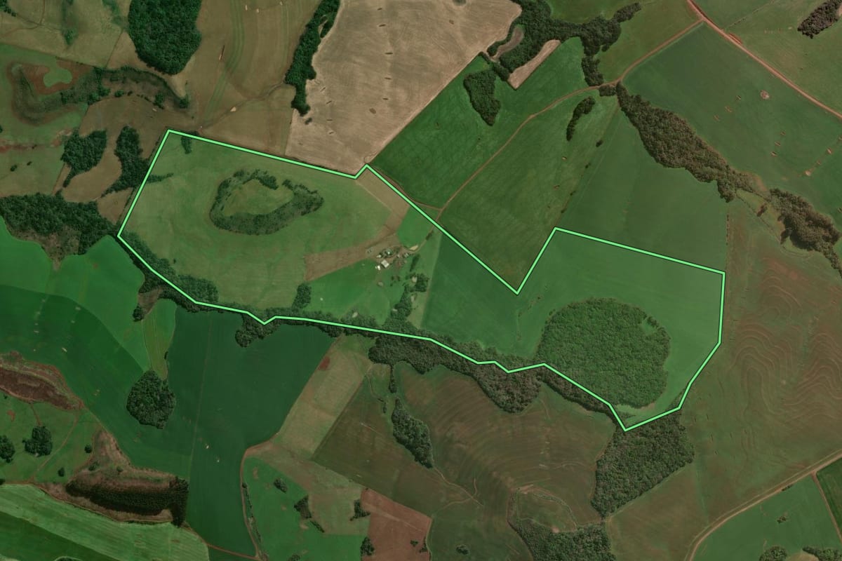 Imagem de satélite do imóvel rural em São José do Ouro (RS), com o contorno declarado no CAR desenhado por cima.