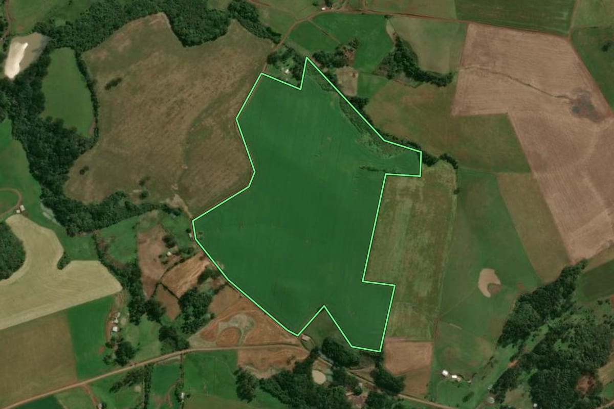 Imagem de satélite do imóvel rural em São José do Ouro (RS), com o contorno declarado no CAR desenhado por cima.