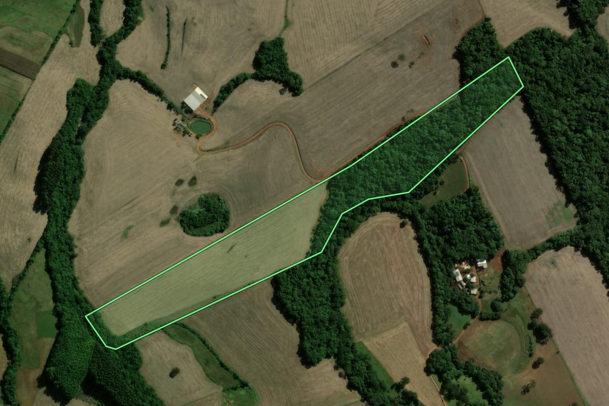Imagem de satélite do imóvel rural em São José do Ouro (RS), com o contorno declarado no CAR desenhado por cima.