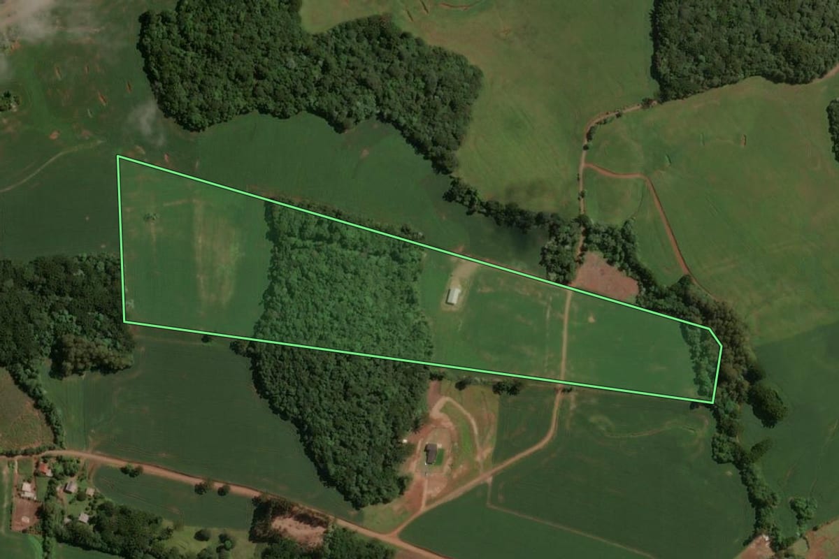 Imagem de satélite do imóvel rural em São José do Ouro (RS), com o contorno declarado no CAR desenhado por cima.