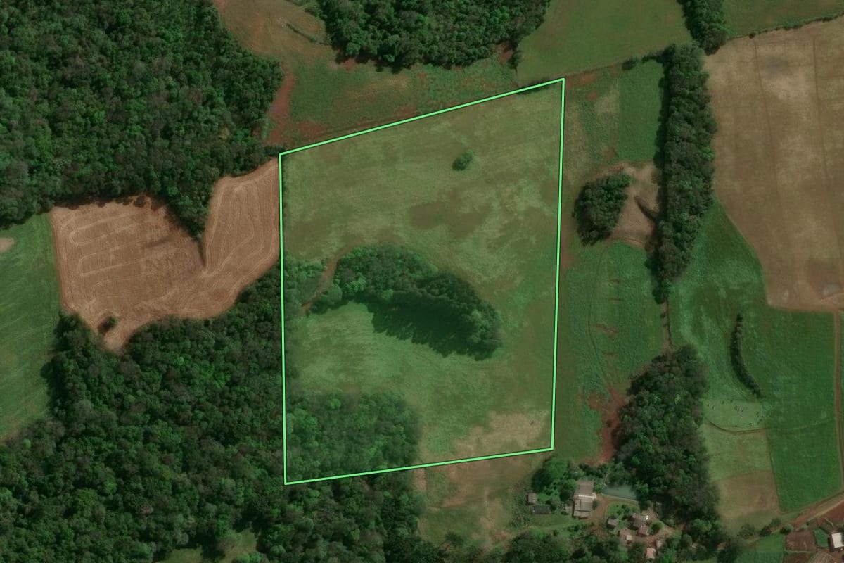 Imagem de satélite do imóvel rural em São José do Ouro (RS), com o contorno declarado no CAR desenhado por cima.