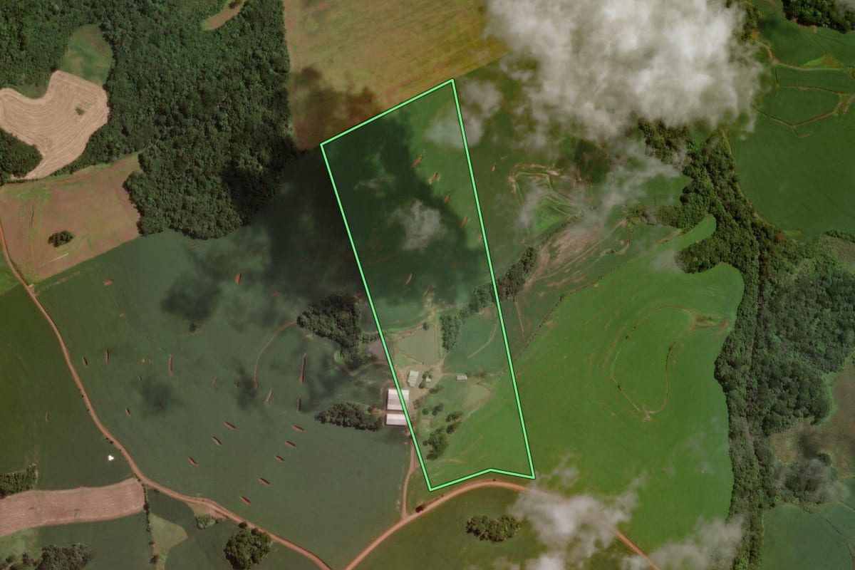 Imagem de satélite do imóvel rural em São José do Ouro (RS), com o contorno declarado no CAR desenhado por cima.