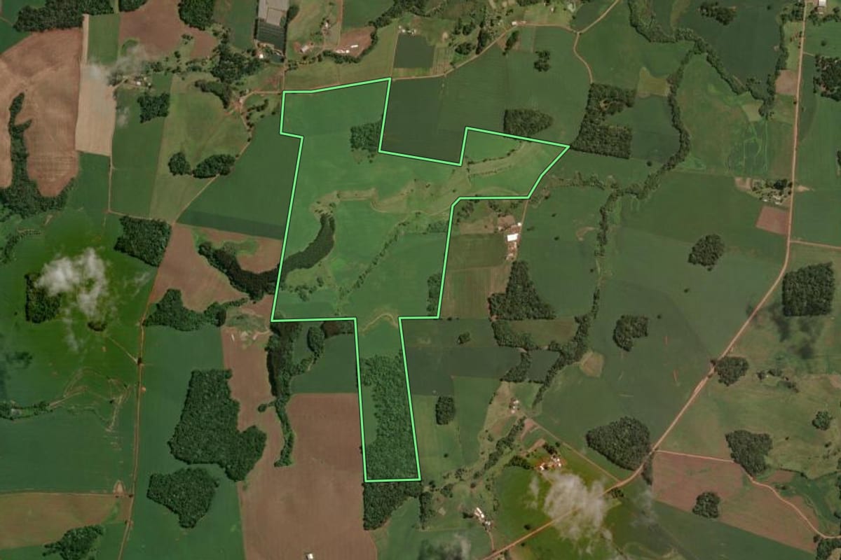 Imagem de satélite do imóvel rural em São José do Ouro (RS), com o contorno declarado no CAR desenhado por cima.