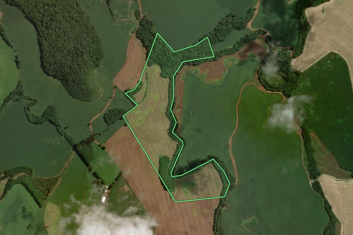 Imagem de satélite do imóvel rural em São José do Ouro (RS), com o contorno declarado no CAR desenhado por cima.