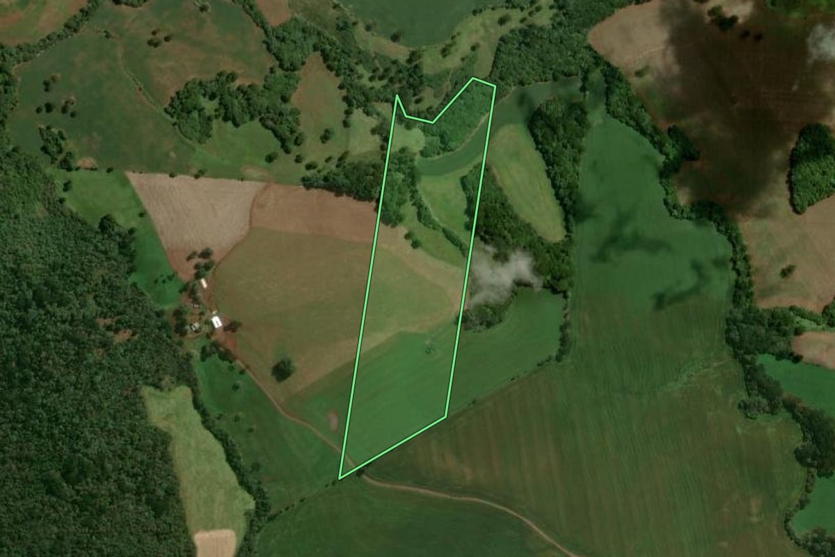 Imagem de satélite do imóvel rural em São José do Ouro (RS), com o contorno declarado no CAR desenhado por cima.