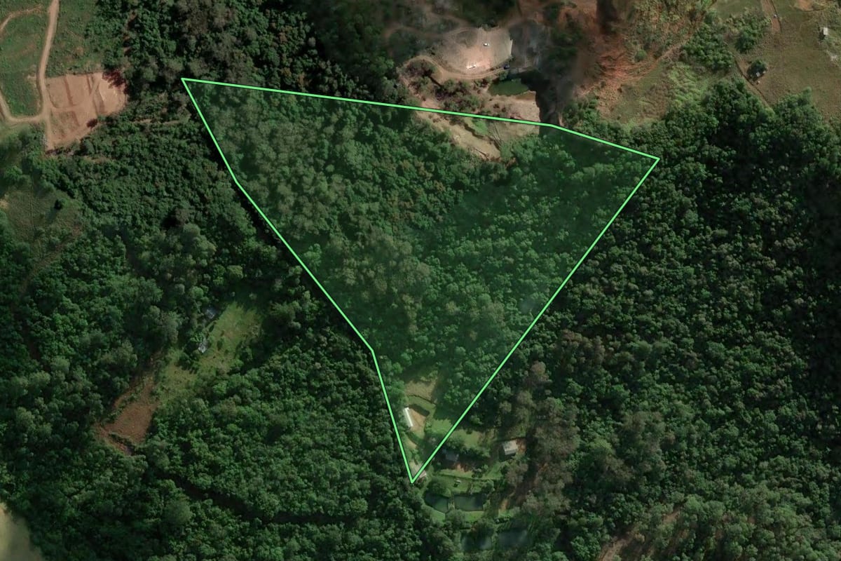 Imagem de satélite do imóvel rural em São Leopoldo (RS), com o contorno declarado no CAR desenhado por cima.