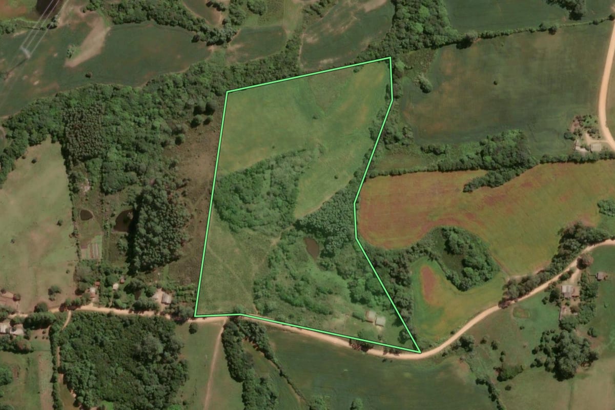 Imagem de satélite do imóvel rural em São Lourenço do Sul (RS), com o contorno declarado no CAR desenhado por cima.